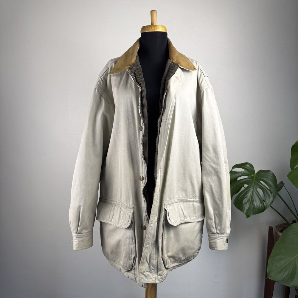 Vintage 90s Heritage Field Utility Jacket | Leather Collar, Blanket Lined Coat